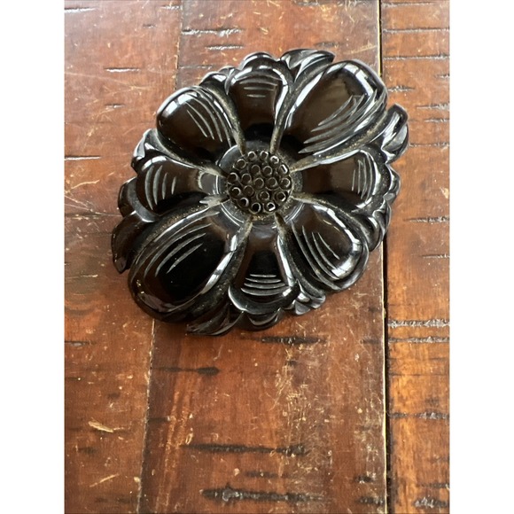 Bakelite Large Black Brooch Floral Carved Detailed Pierced Pin - Picture 7 of 13